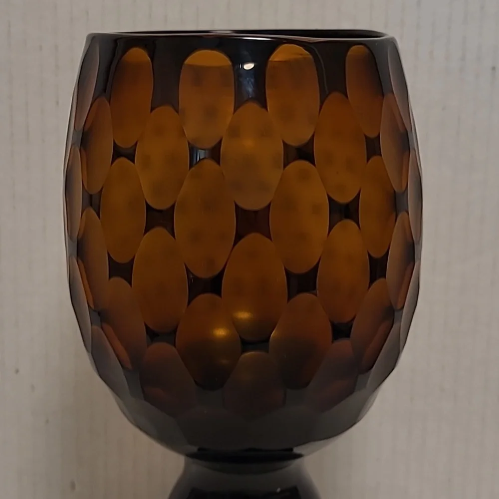 Vintage Murano Style Black Cut to Amber Vase / Candle Holder